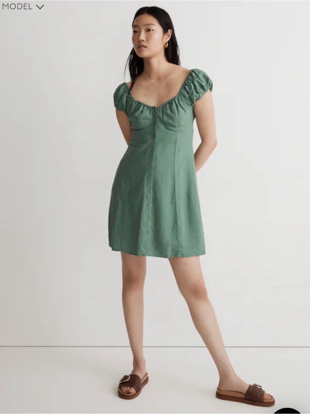 Madewell Sage Green Short Puff-Sleeve Button-Front Mini Dress